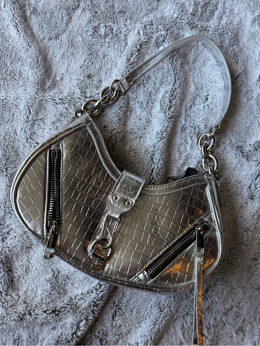 Aldo Metallic Silver Croc-Embossed Shoulder Bag